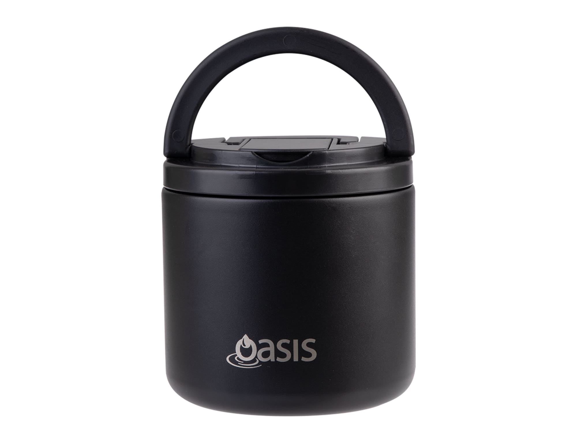 A black vacuum food flask with a handle and spork, featuring a logo on the front.