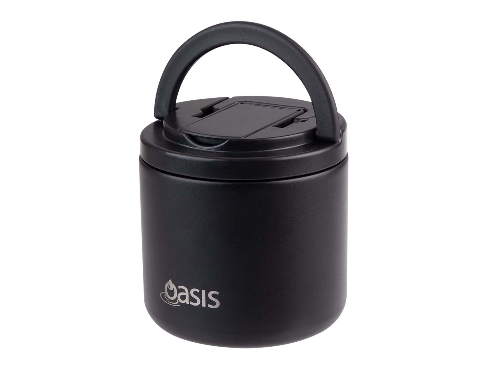 A black vacuum food flask with a handle and a spork included, featuring a logo.