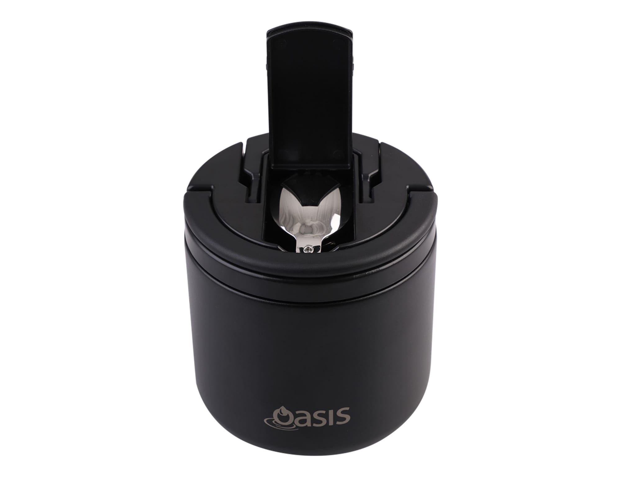 A black vacuum food flask with a spork attached to the lid and a logo on the front.