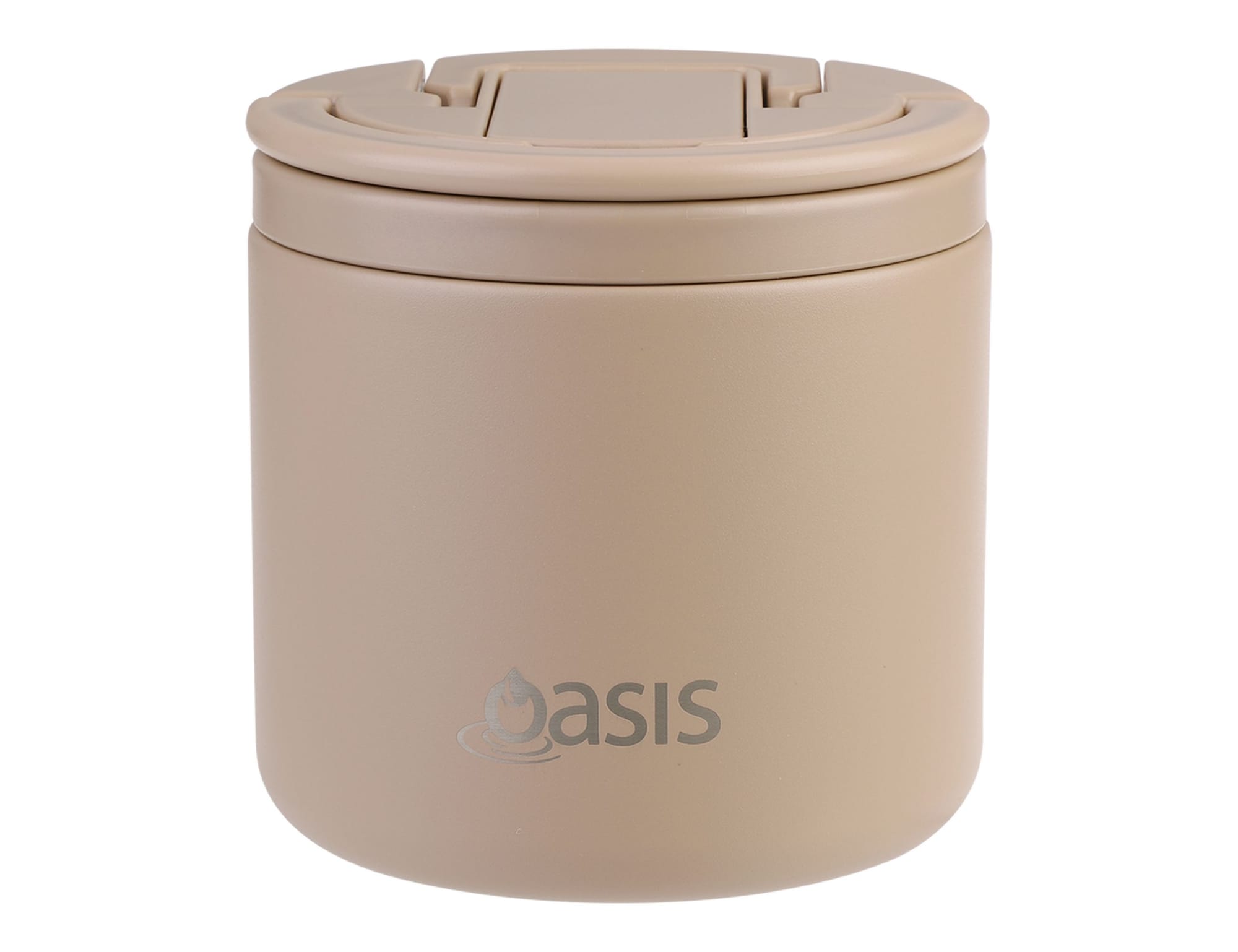 A drink bottle in beige with a secure lid and a logo, designed for vacuum food storage.