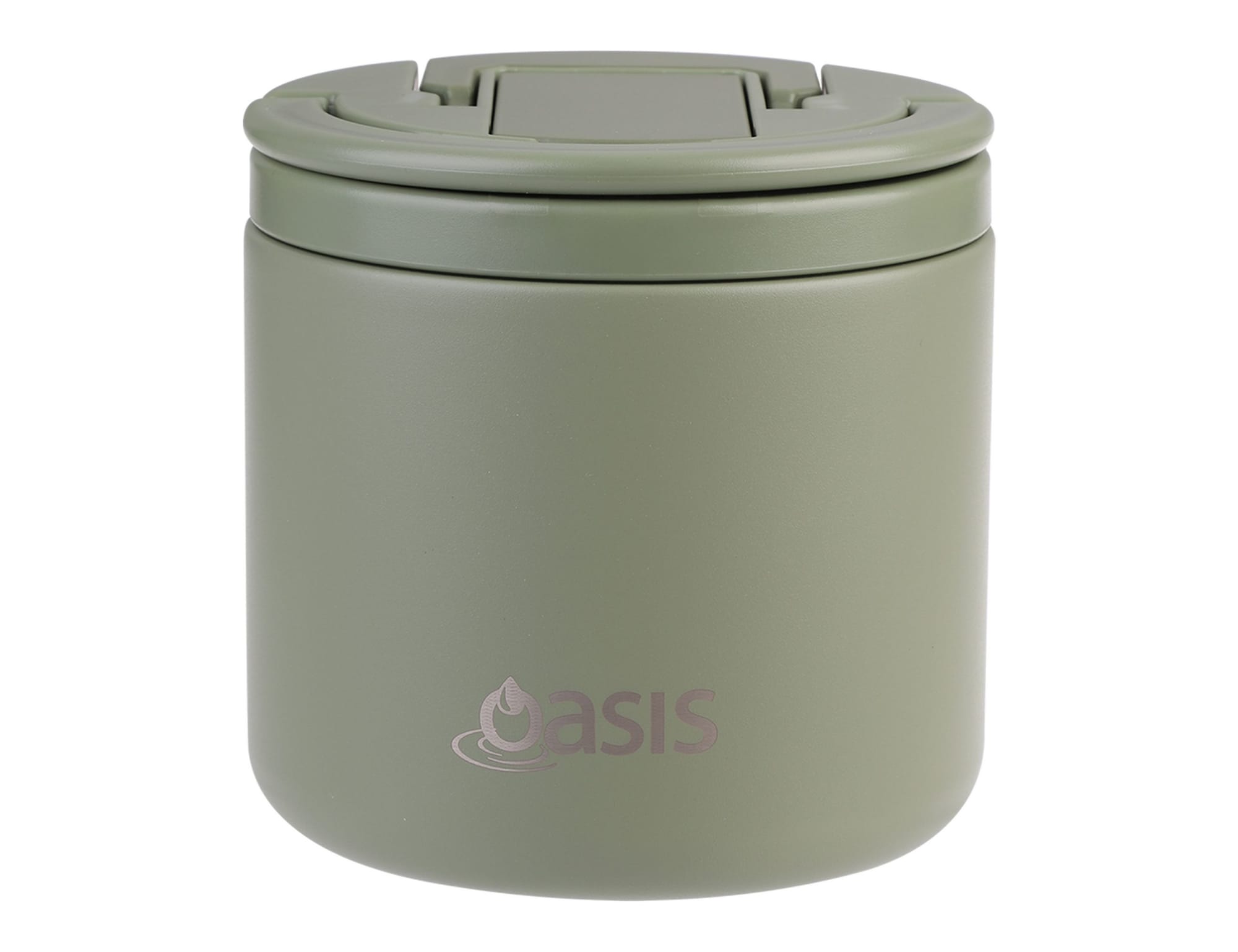 A drink bottle and food flask in olive green with a matching spork; features a lid and a logo.