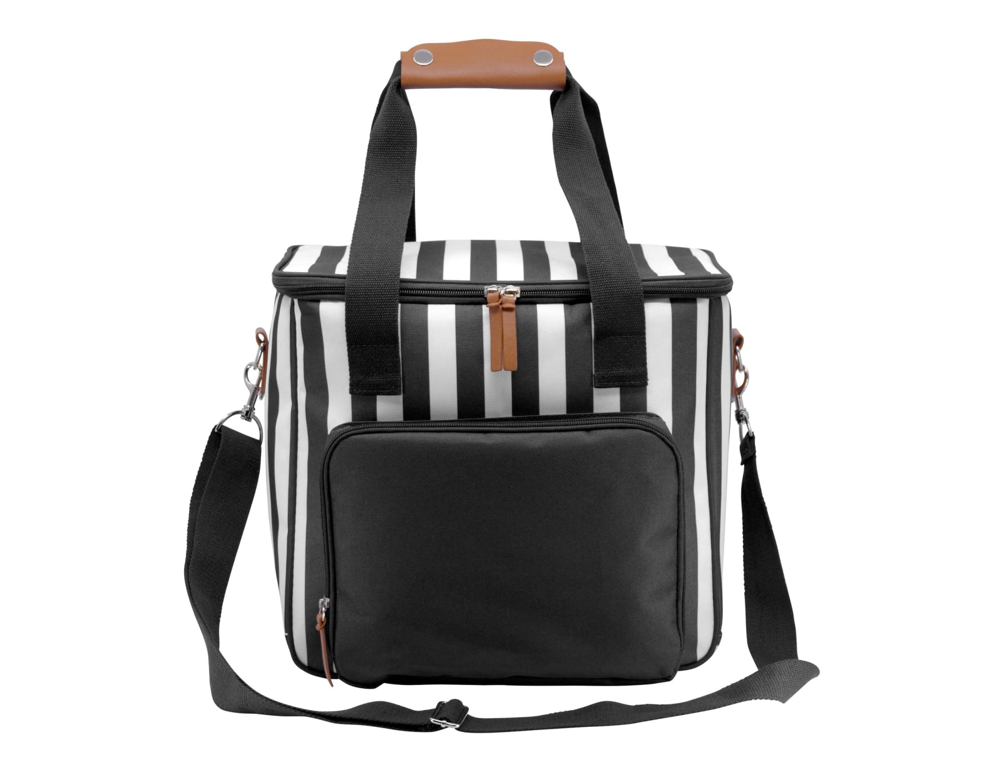 A striped cooler bag in black and white with a detachable strap and a front pocket. It has a brown handle and a logo.