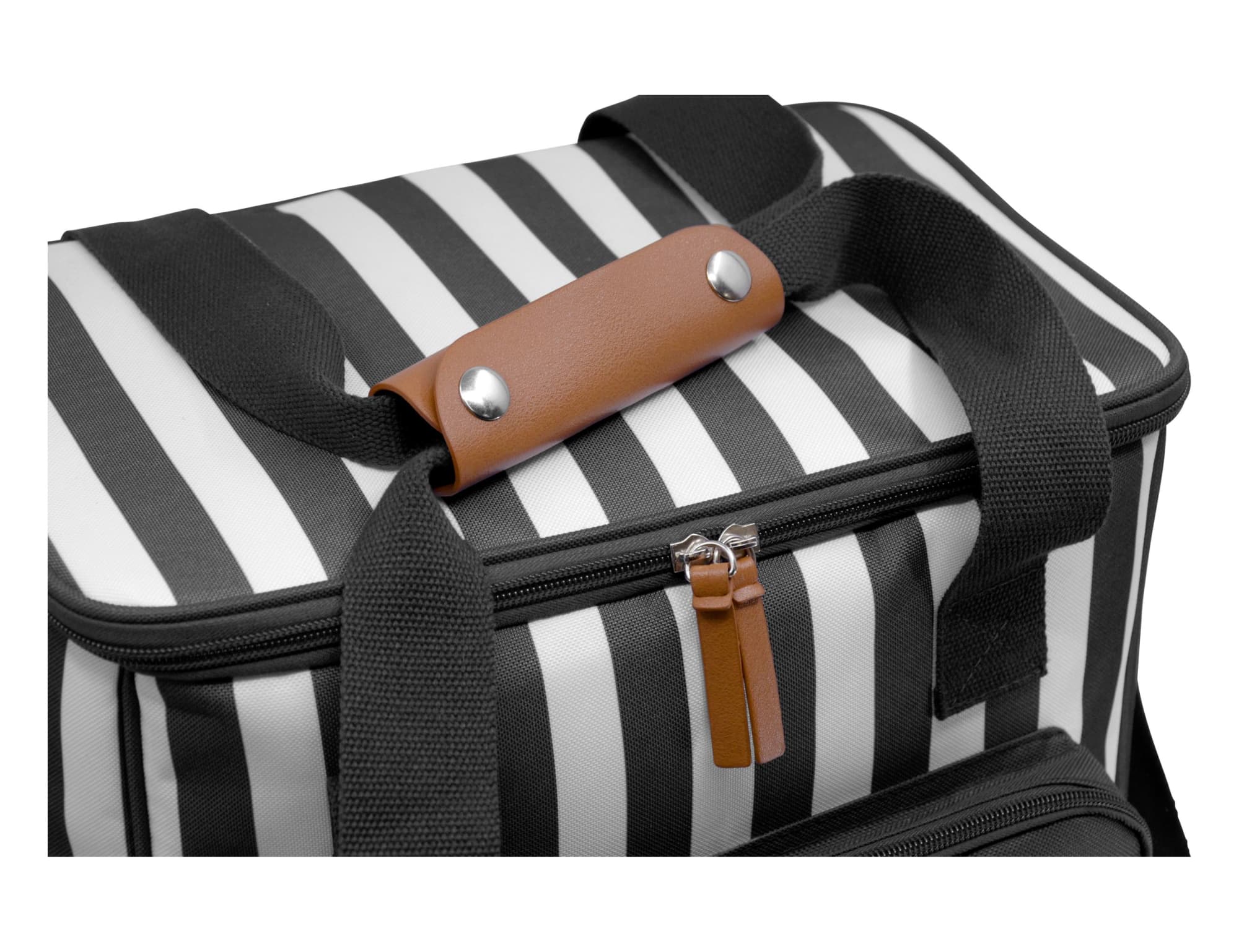 A cooler bag with black and white stripes featuring a brown leather handle, ideal for transporting drinks.