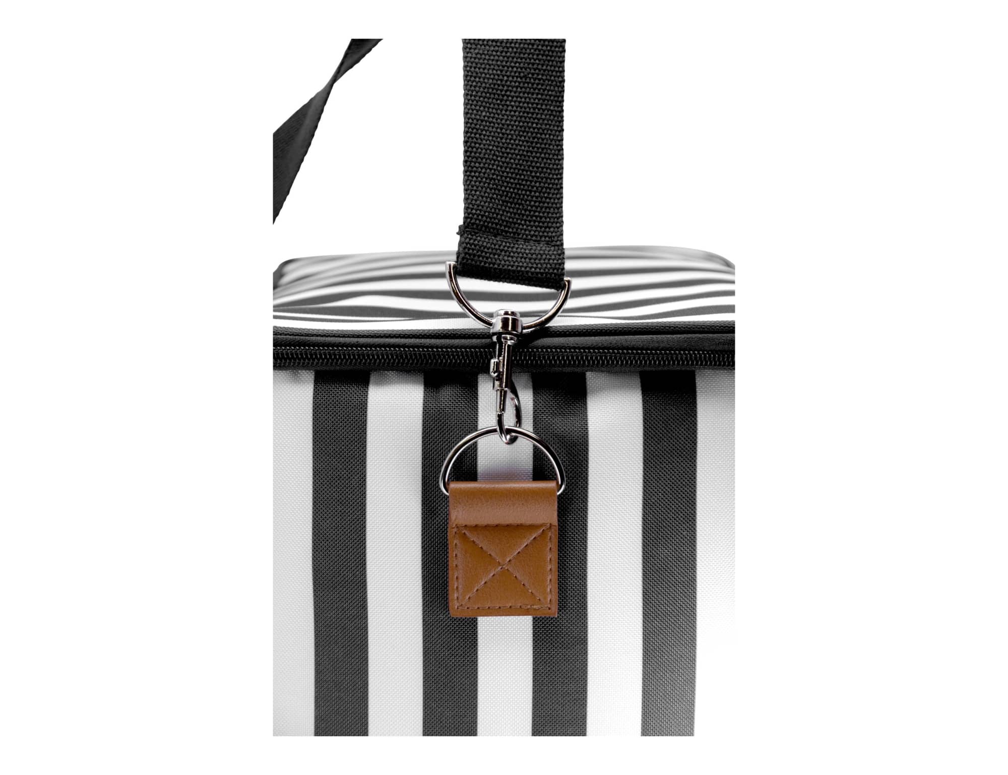 A cooler bag with a black and white striped design, featuring a handle and a tag, and includes a logo.