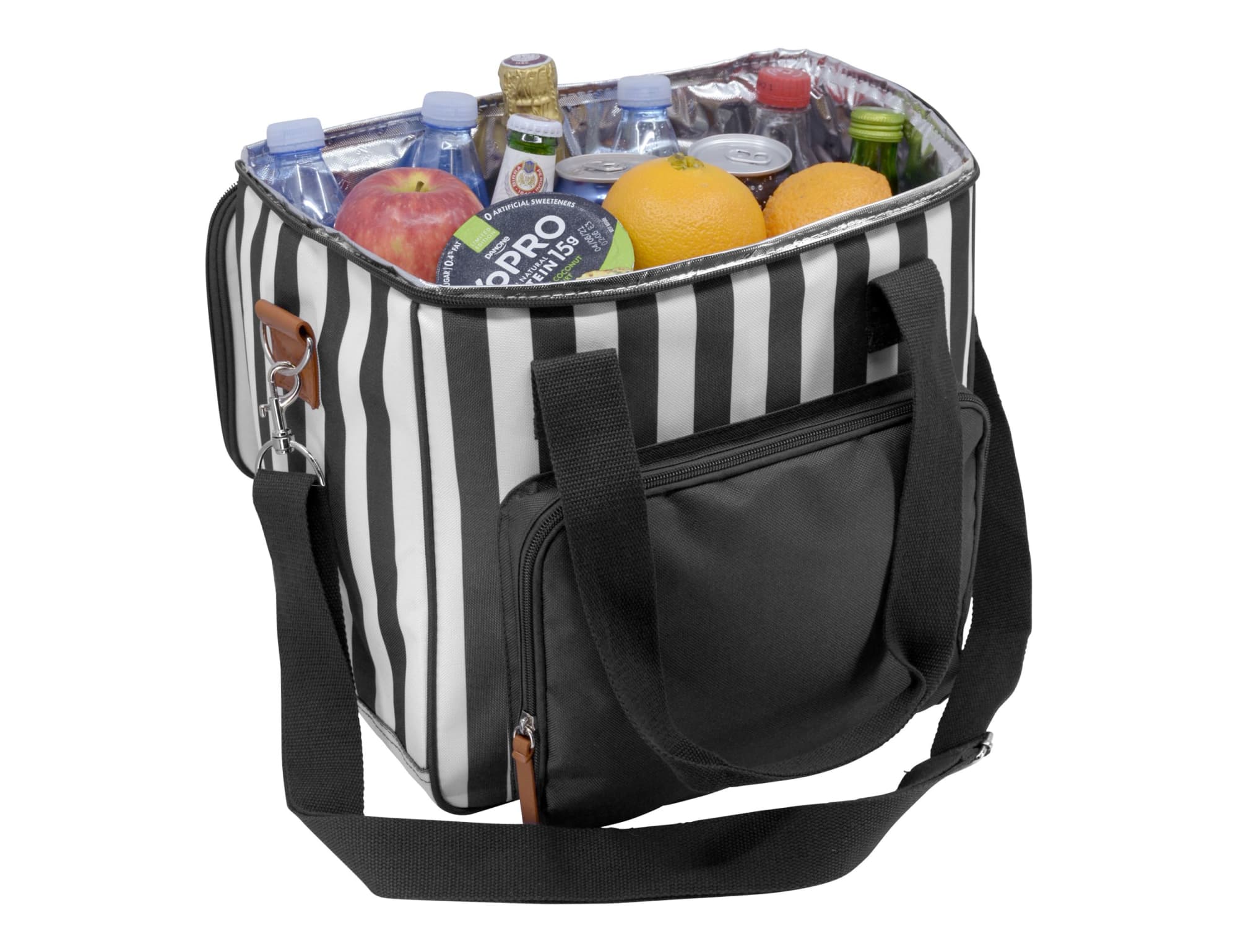 A black and white striped cooler bag filled with drinks and fruits, featuring a side pocket and a logo.