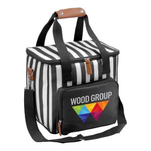 A black and white striped cooler bag with a front zip pocket and a logo. It features sturdy handles and a shoulder strap.