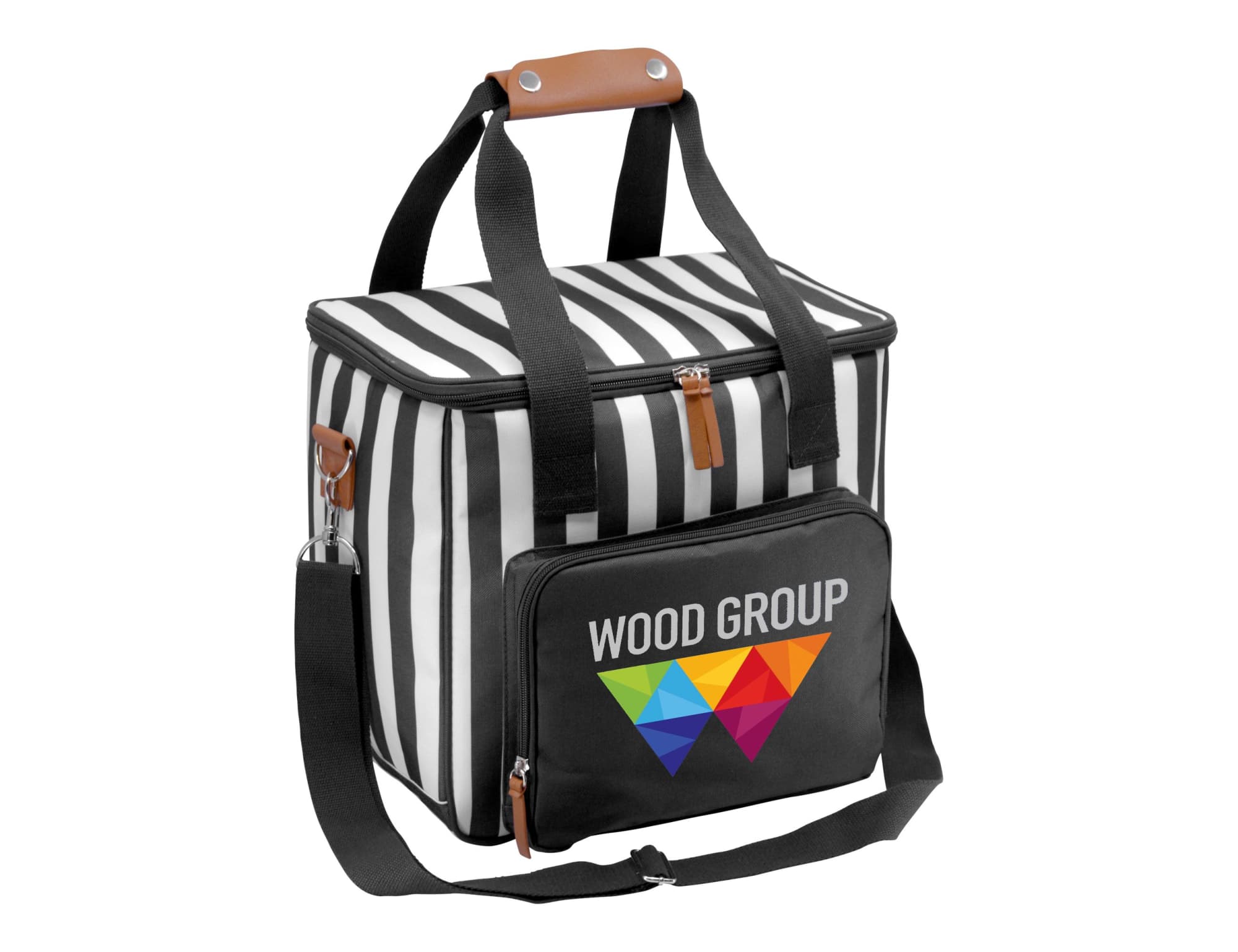 A black and white striped cooler bag with a front zip pocket and a logo. It features sturdy handles and a shoulder strap.