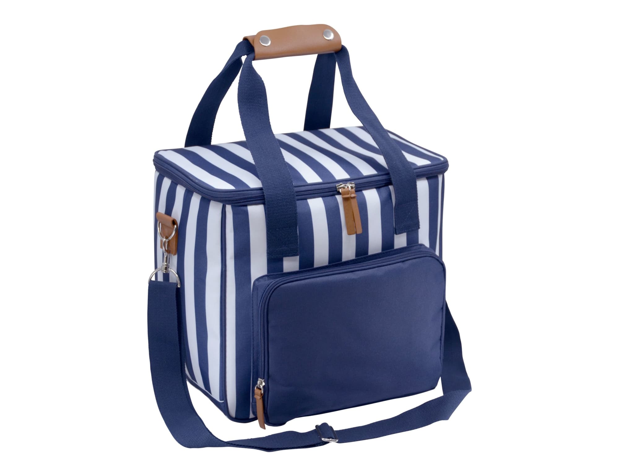 A navy and white striped cooler bag with two handles, a shoulder strap, and a front zip pocket.