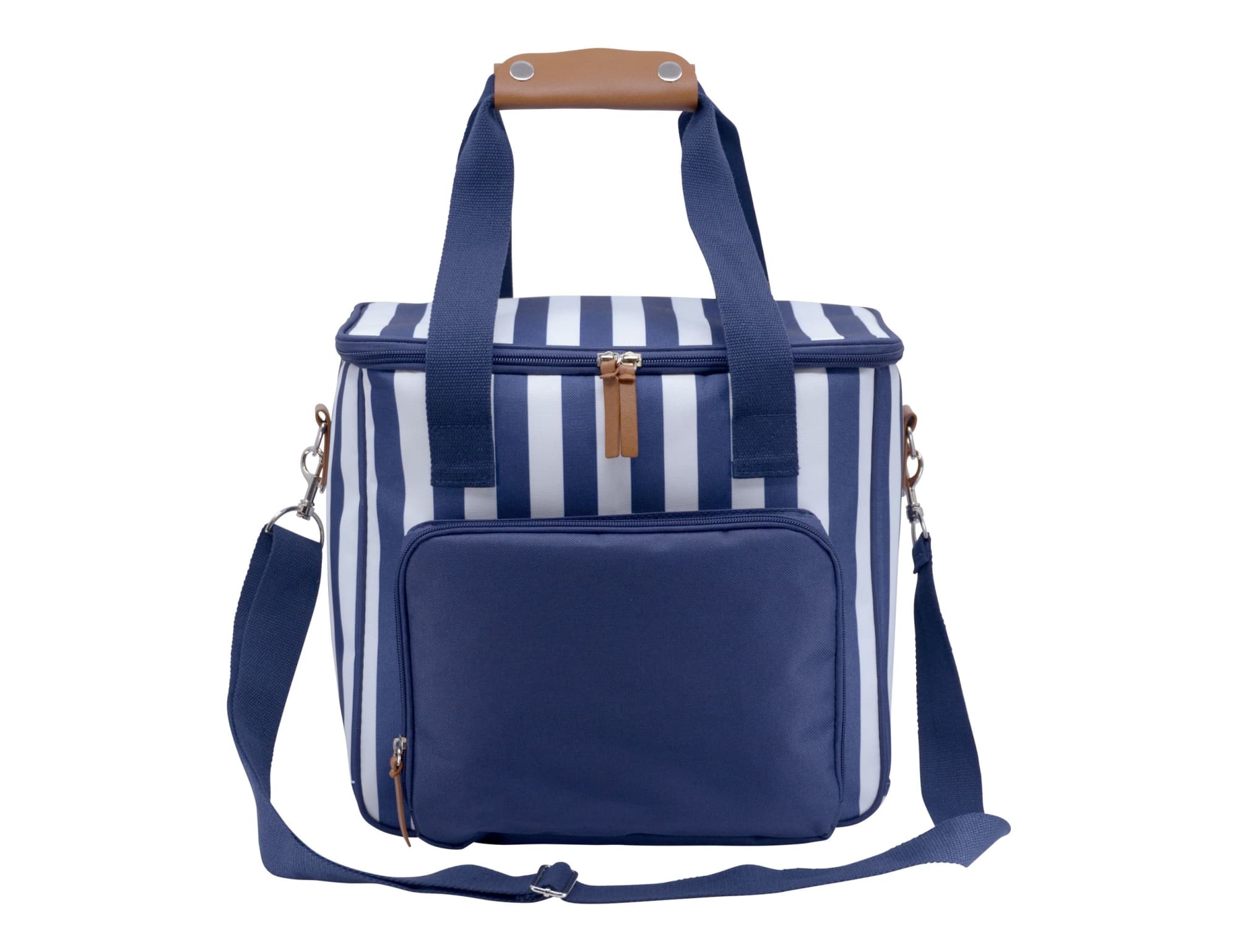 A striped navy cooler bag with a tan handle and adjustable strap, featuring a front pocket and a zip closure.