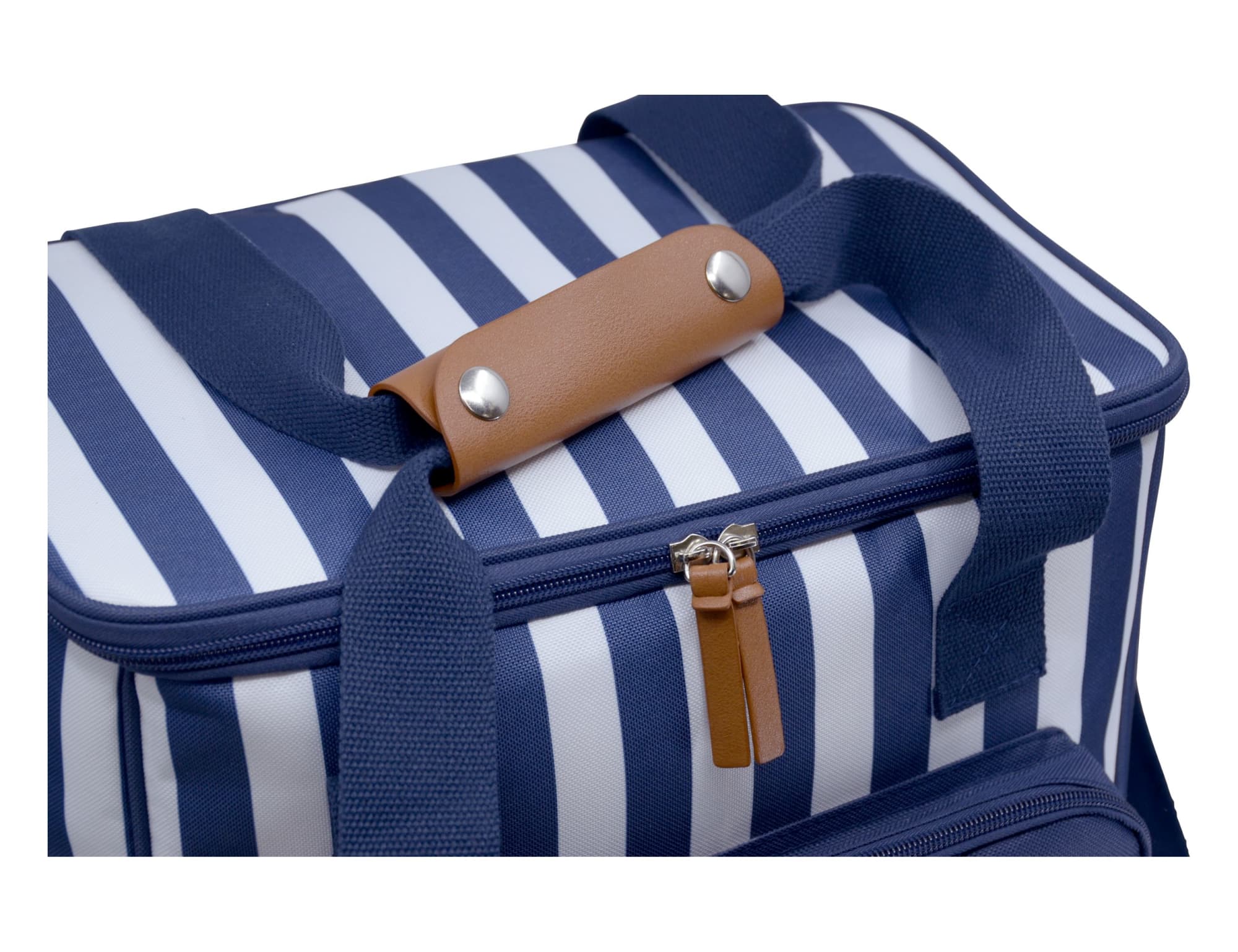 A navy striped cooler bag with a brown leather handle and a zippered closure. It also features sturdy blue straps.