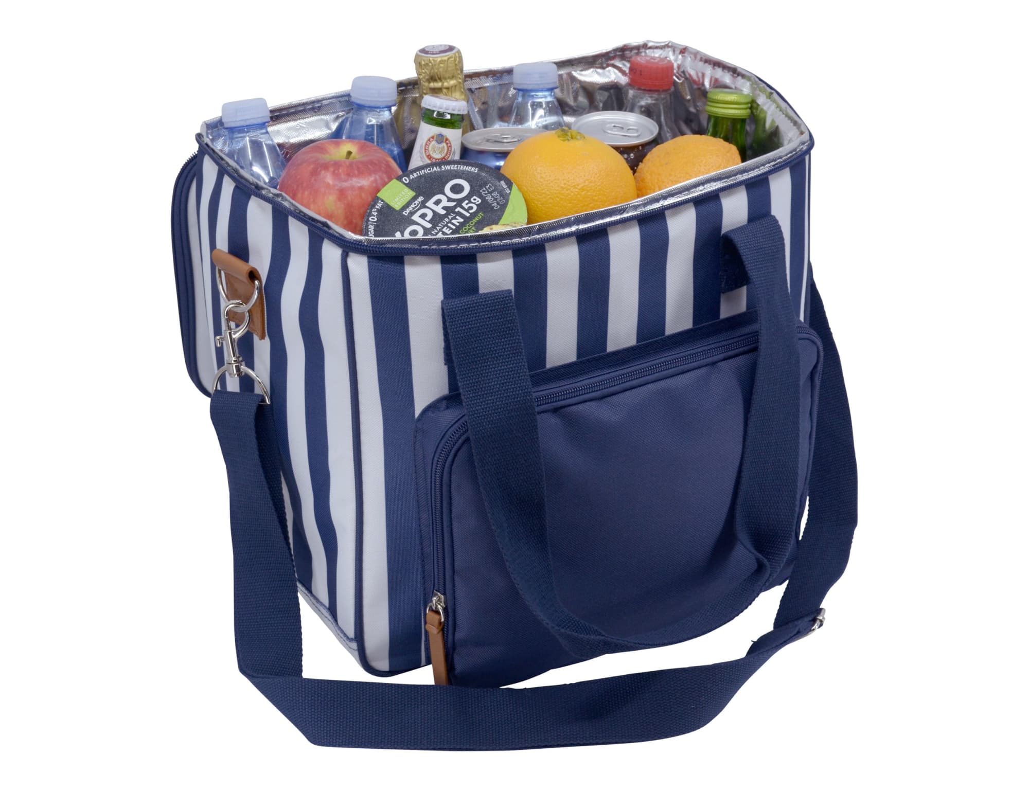 A navy cooler bag with white stripes, containing drinks, fruit, and has a small front pocket.