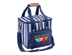 A navy cooler bag with white stripes, featuring a side pocket and a logo on the front.