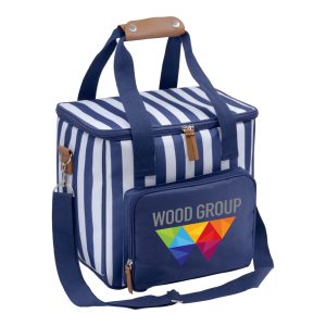 A navy cooler bag with white stripes, featuring a side pocket and a logo on the front.