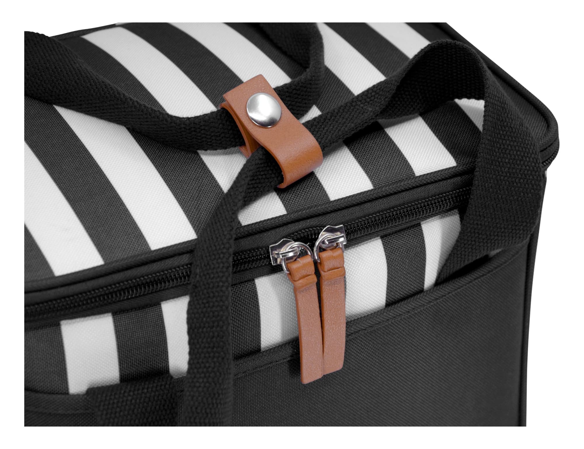 A black picnic cooler bag featuring a striped pattern, zippered closure, and leather accents. Includes branding.