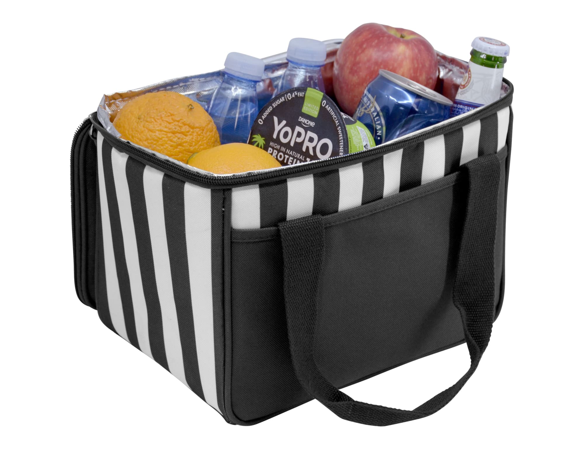 A black and white striped cooler bag filled with water bottles, an apple, oranges, and cans. It features sturdy handles.