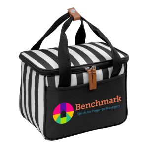 A black and white striped cooler bag with a branded logo and a leather accent on the handle.