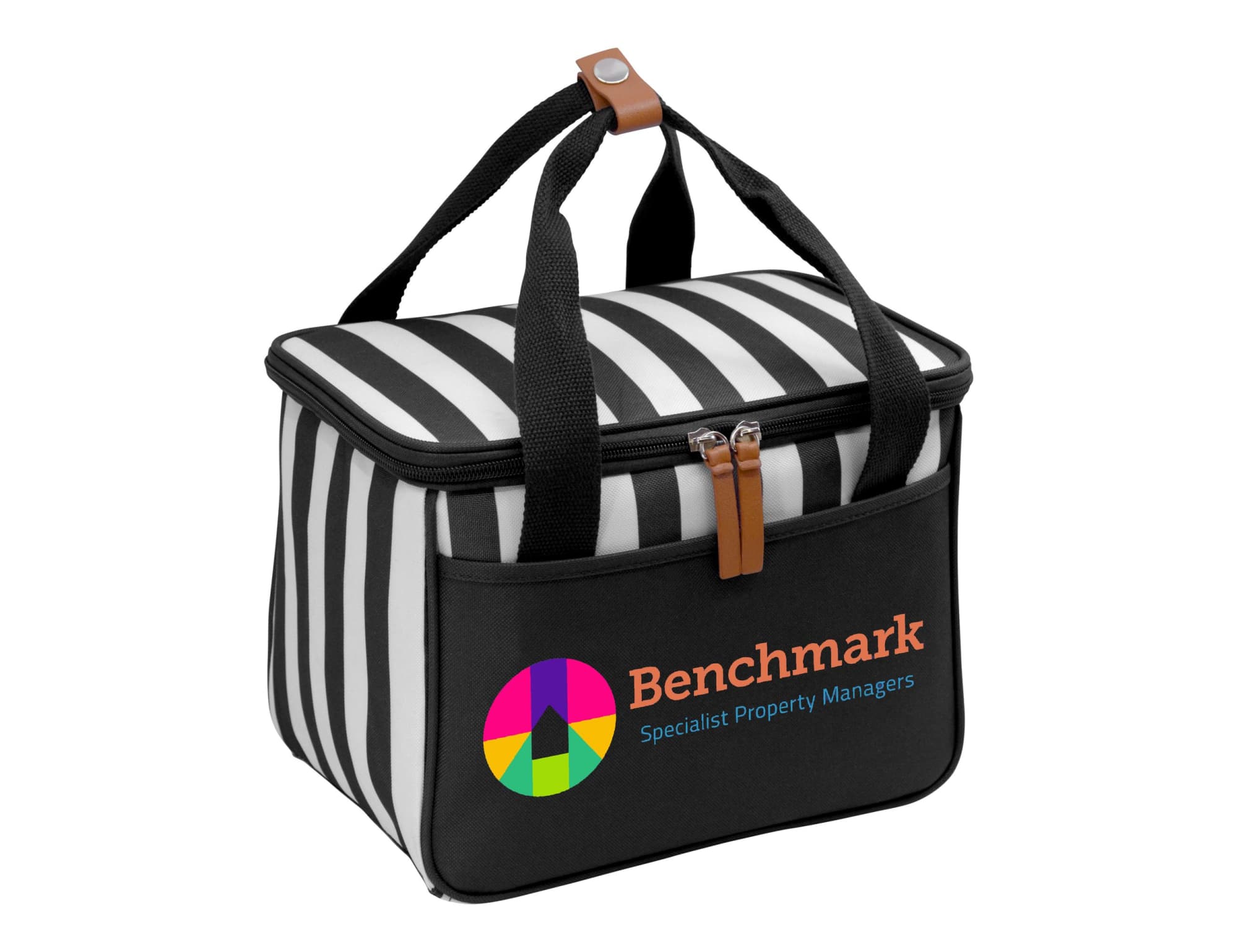 A black and white striped cooler bag with a branded logo and a leather accent on the handle.