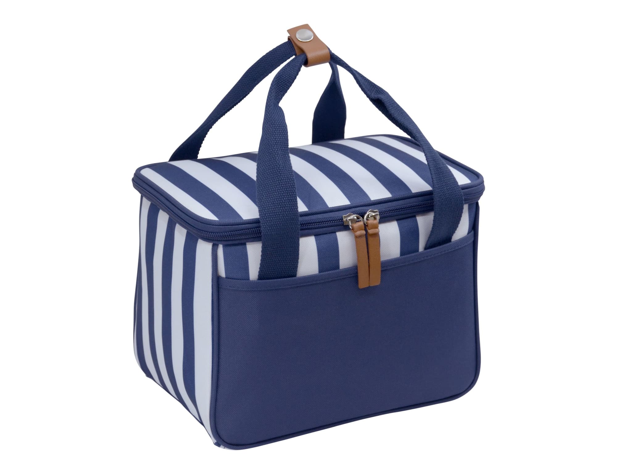A striped navy picnic cooler bag with a zip closure and two carrying handles. It features a front pocket and a branded logo.