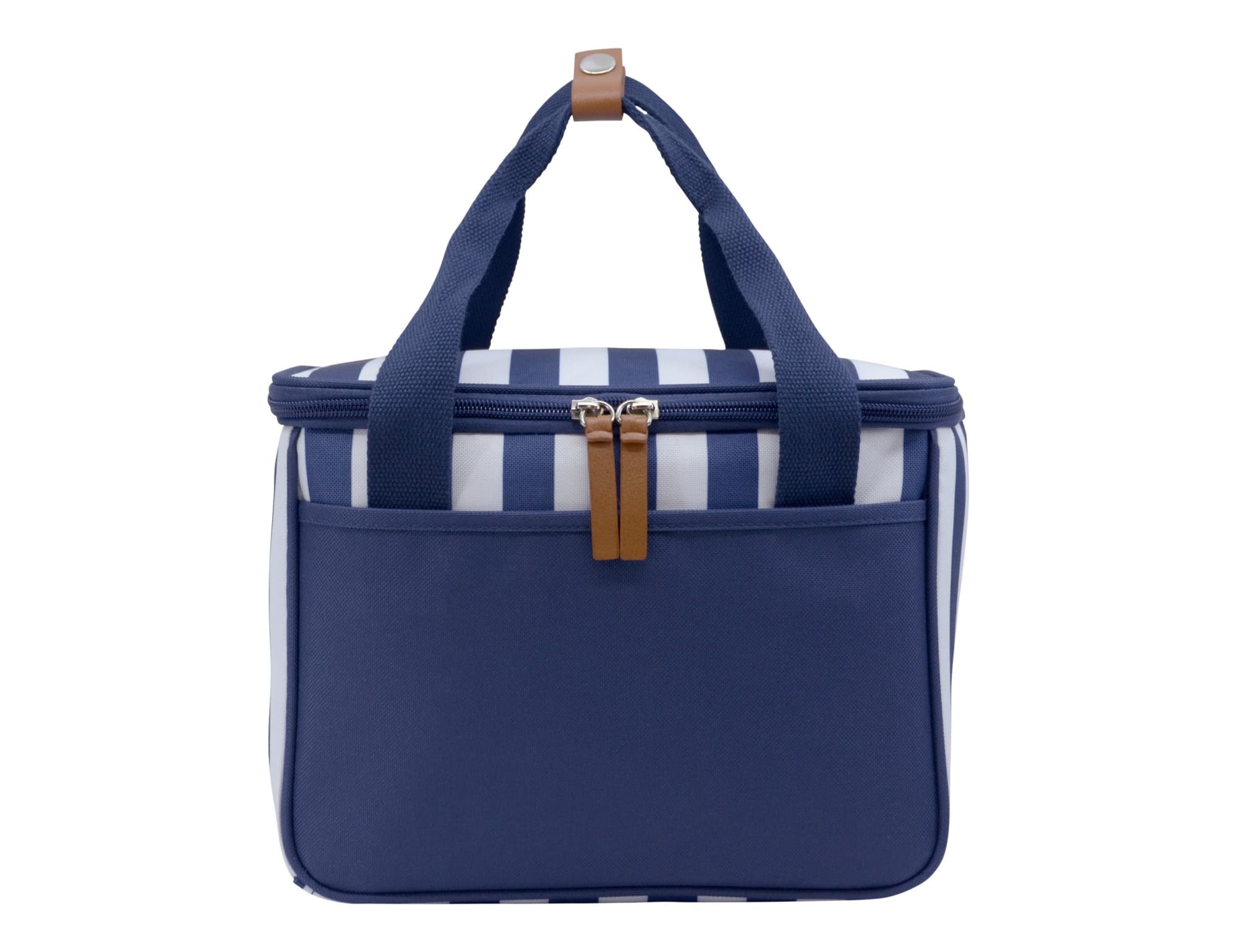 A navy cooler bag with a striped design, featuring two handles and a zippered closure. It has a front pocket and a logo.