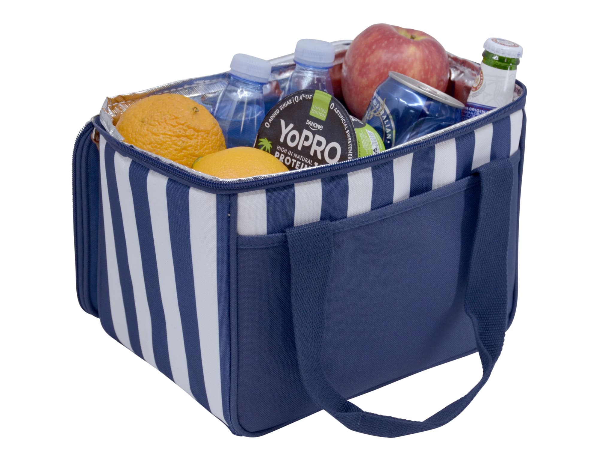 A navy striped cooler bag filled with water bottles, an apple, oranges, and soft drinks, featuring sturdy handles.