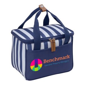A navy cooler bag with white stripes, featuring a logo and two sturdy handles.