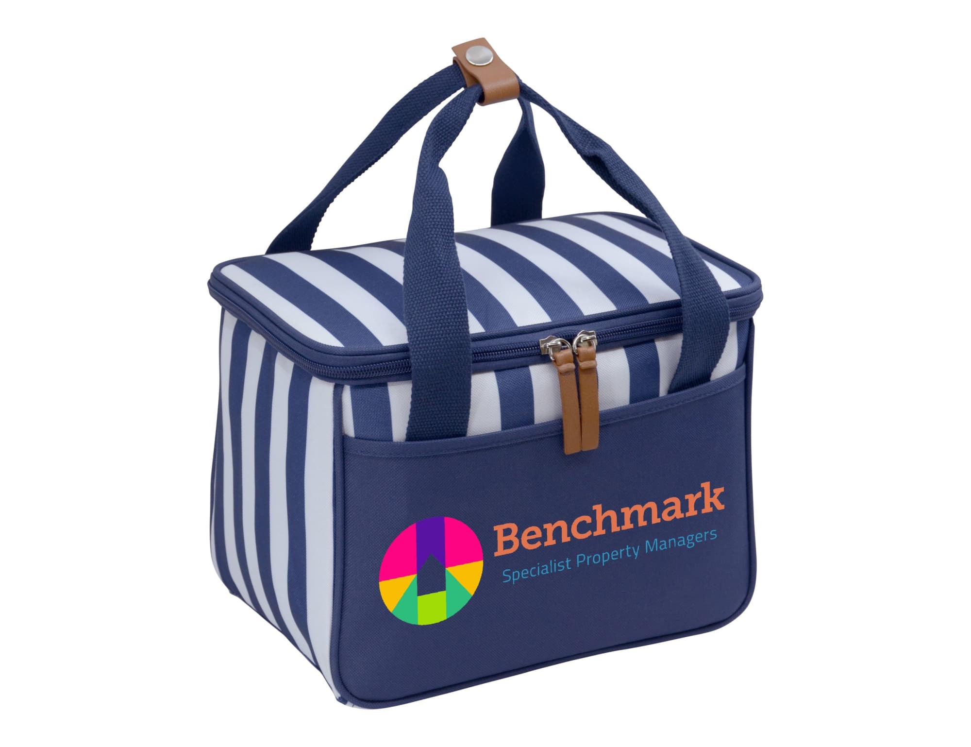 A navy cooler bag with white stripes, featuring a logo and two sturdy handles.