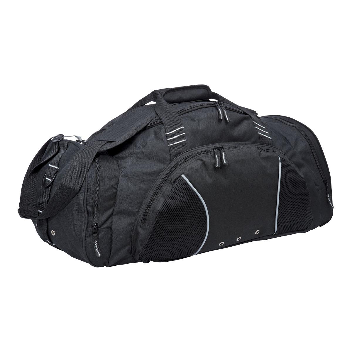 A black duffle bag with side mesh pockets and a shoulder strap, featuring a brand logo.