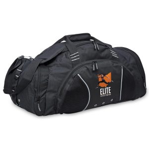 A black travel sports bag featuring mesh panels and a logo. It has dual handles and a shoulder strap for easy carrying.