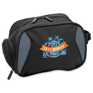 A black toiletry bag with grey accents and a logo featuring travel-themed icons. Zippered compartments are visible.