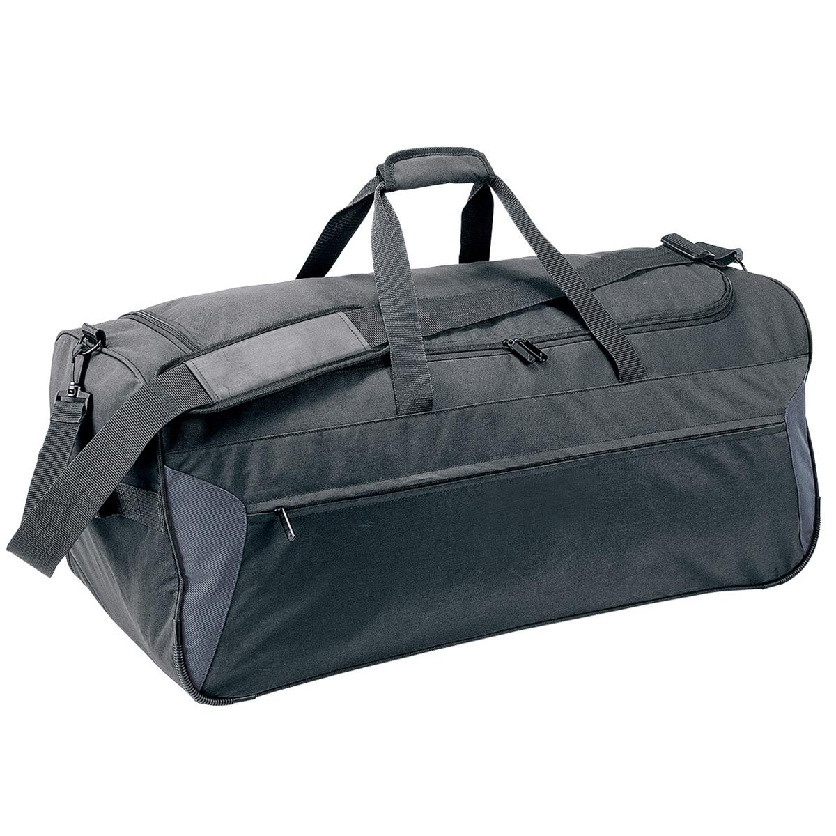 A black wheeled duffle bag with dual handles and a shoulder strap, featuring a zippered compartment and branding.