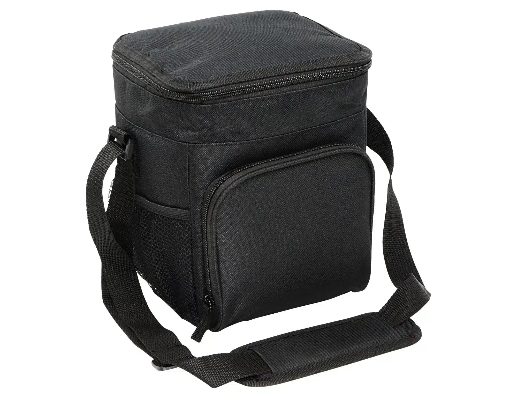 A black waterproof cooler bag with a zippered top, side pocket, and an adjustable strap. It features a logo.