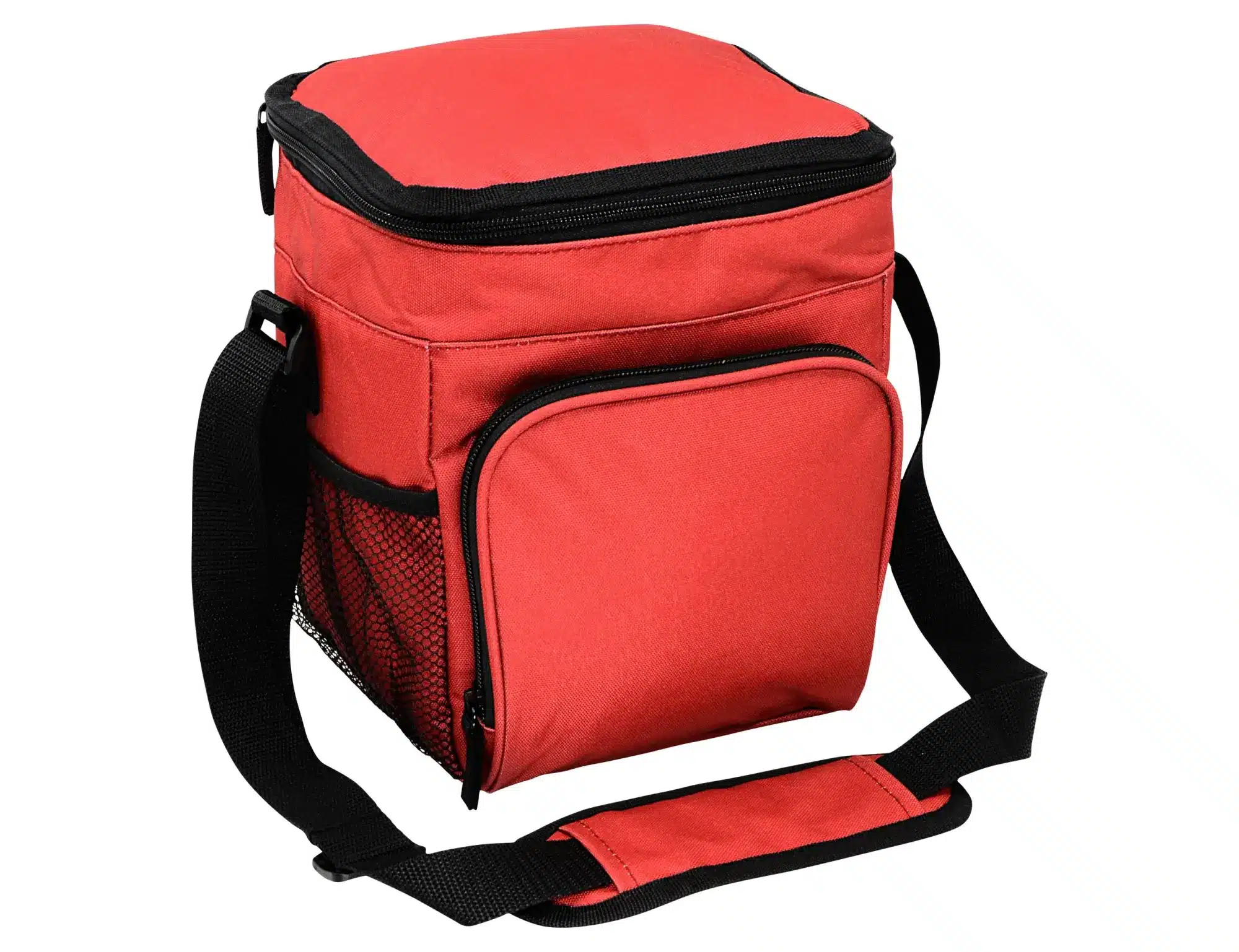 A red waterproof cooler bag with a zippered top, adjustable strap, and front mesh pocket, featuring a logo.