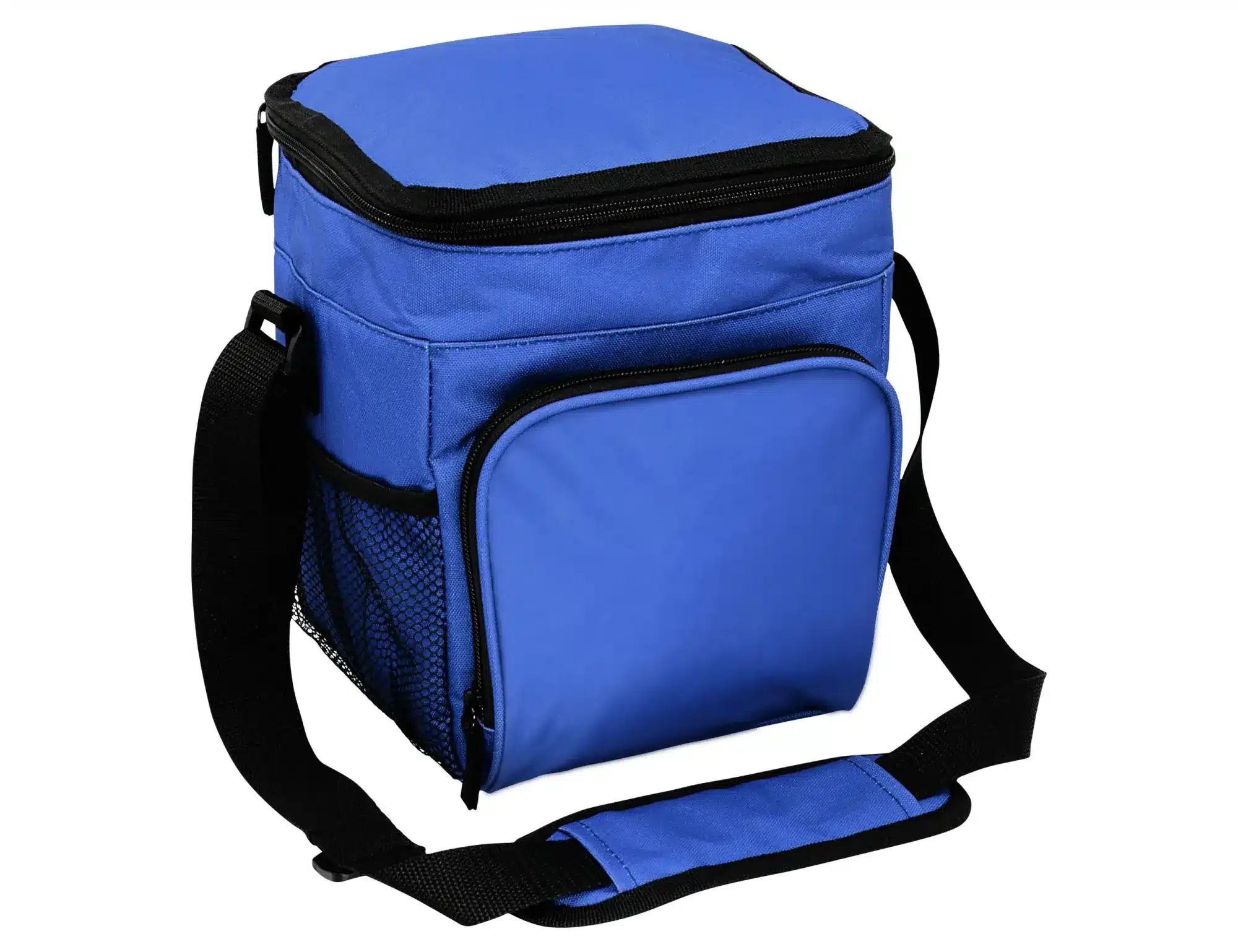 A blue cooler bag with a zippered top, adjustable strap, and front mesh pocket. It features a logo.