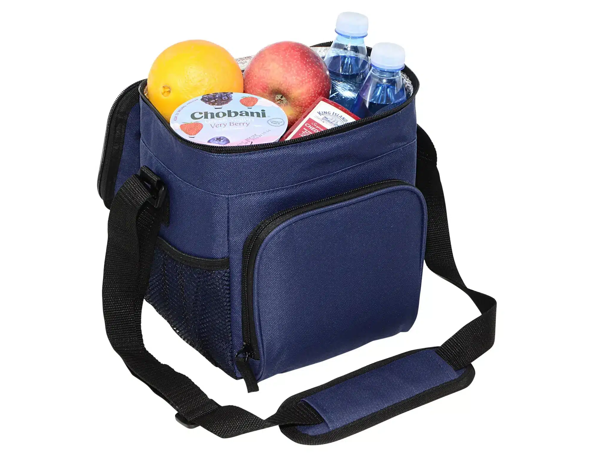 A navy cooler bag filled with apples, oranges, water bottles, and yogurt containers. It features a shoulder strap and a logo.