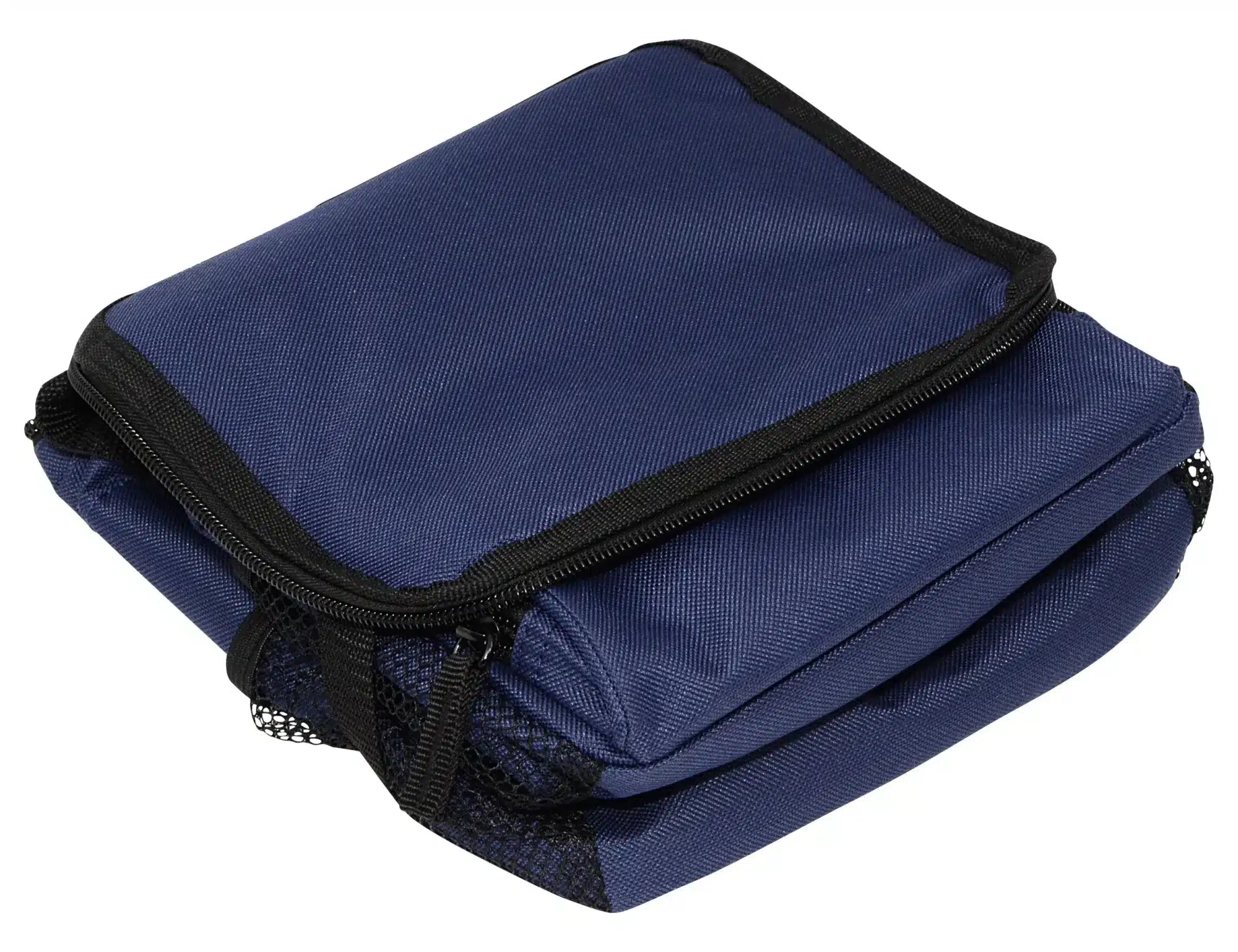 A navy blue cooler bag, compactly zipped and folded, with a mesh pocket and a branded logo.