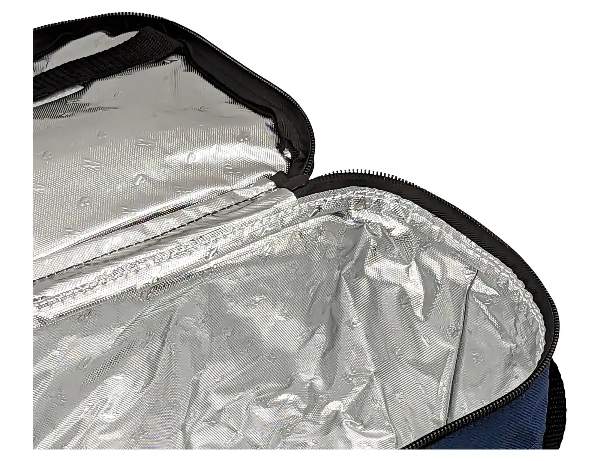 A waterproof cooler bag in navy blue, featuring a silver insulated interior and a black zipper.