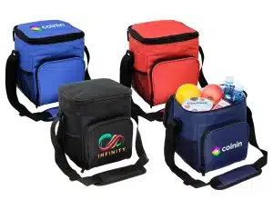 Four cooler bags in blue, red, black, and a mix of items including fruit and water bottles in the black one. Each bag has a logo.