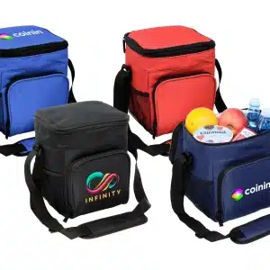 Four cooler bags in blue, red, black, and a mix of items including fruit and water bottles in the black one. Each bag has a logo.