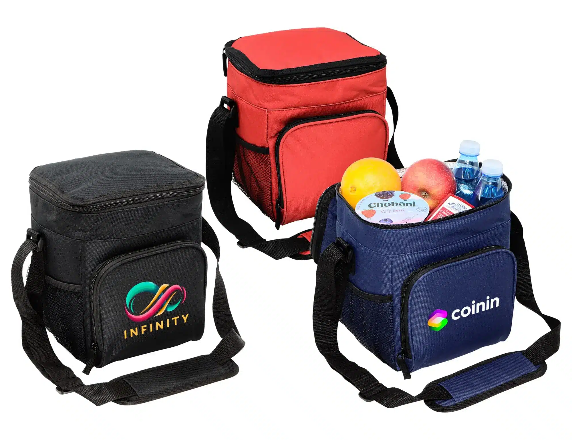 Three cooler bags in black, red, and navy, featuring logos, filled with drinks and snacks.