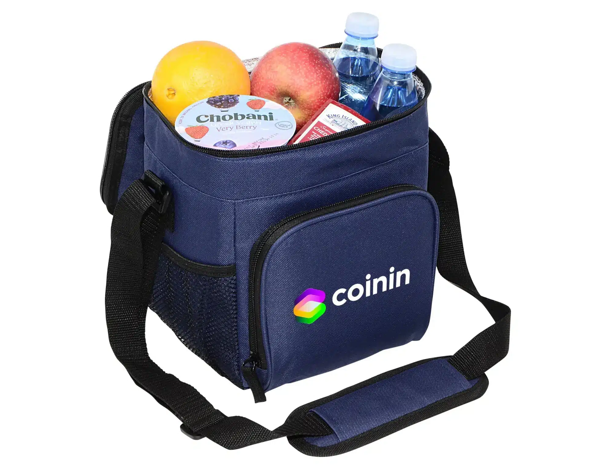 A navy cooler bag filled with fruits, yoghurt, and water bottles, featuring a logo on the front.