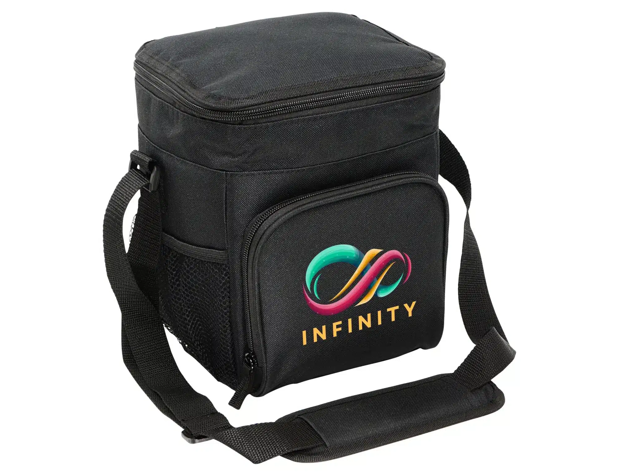 A black Cruiser Waterproof Cooler with a shoulder strap and a front pocket featuring a logo.
