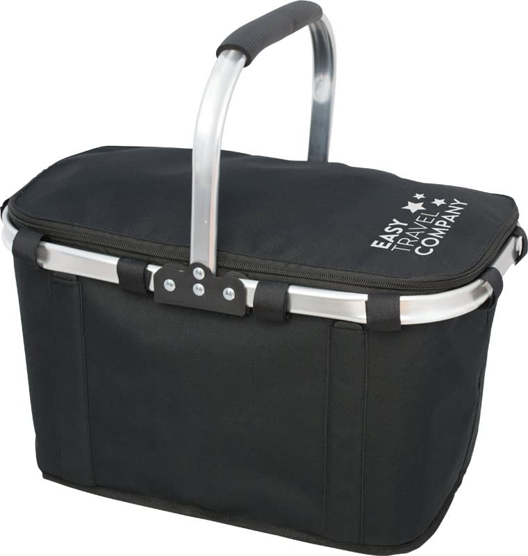 A black cooler bag with a silver handle and a logo on the side, featuring a sturdy, rectangular design.