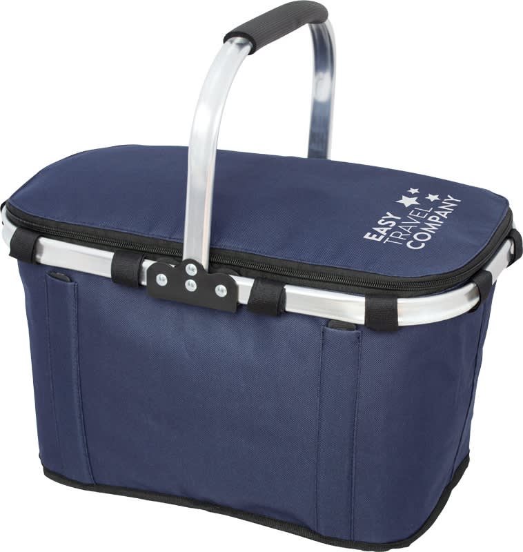 A navy cooler bag with a metal handle and branding on the side, perfect for outdoor activities.
