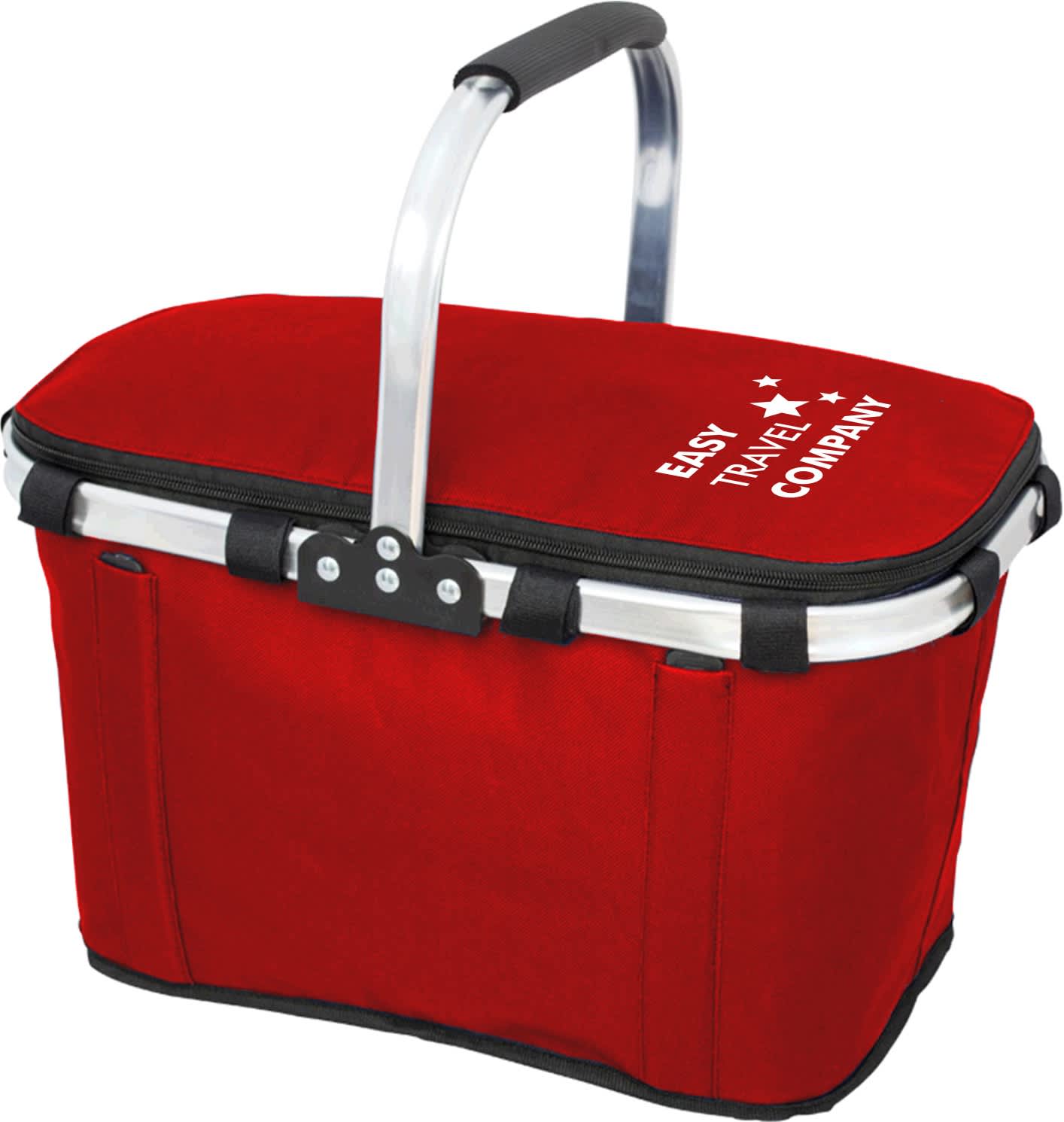 A red cooler bag with a metal handle and a logo on the side, featuring a zippered closure.