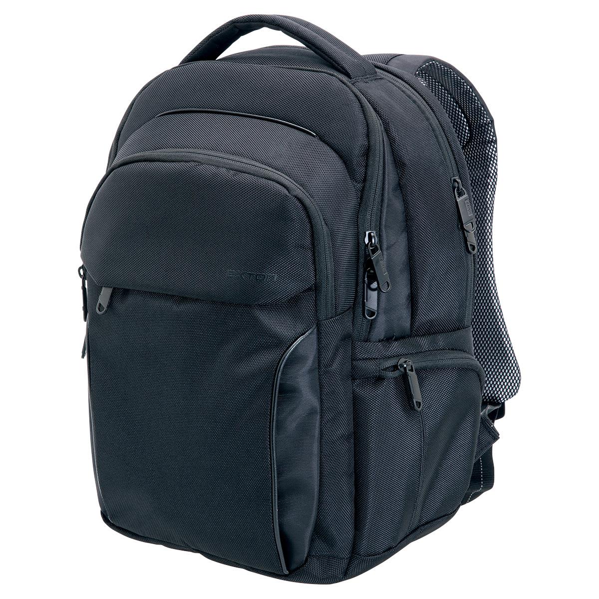 A black Exton laptop backpack with multiple compartments and a mesh side pocket. It features a logo on the front.