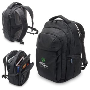 A black Exton Laptop Backpack with multiple compartments, padded straps, and a logo on the front.