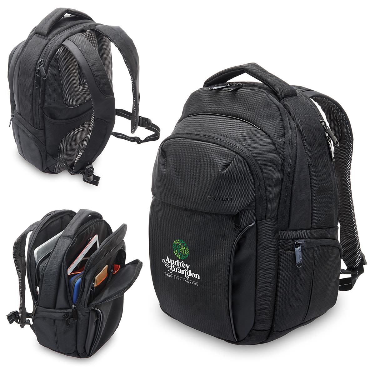 A black Exton Laptop Backpack with multiple compartments, padded straps, and a logo on the front.