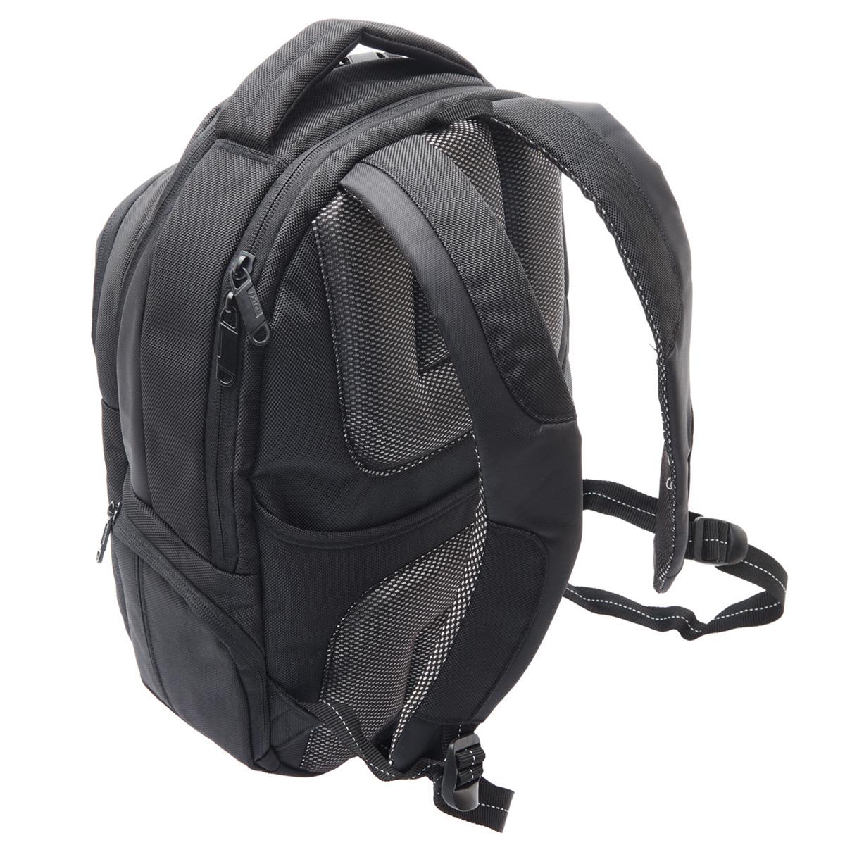 A black Exton laptop backpack features multiple compartments and mesh detailing on the straps for ventilation.