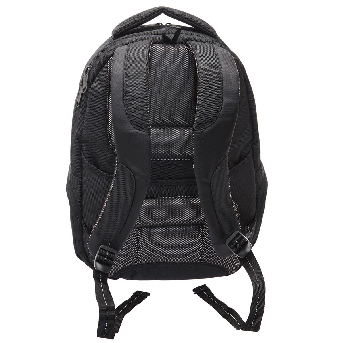 A black laptop backpack featuring padded straps and mesh panels for comfort, with a logo present.