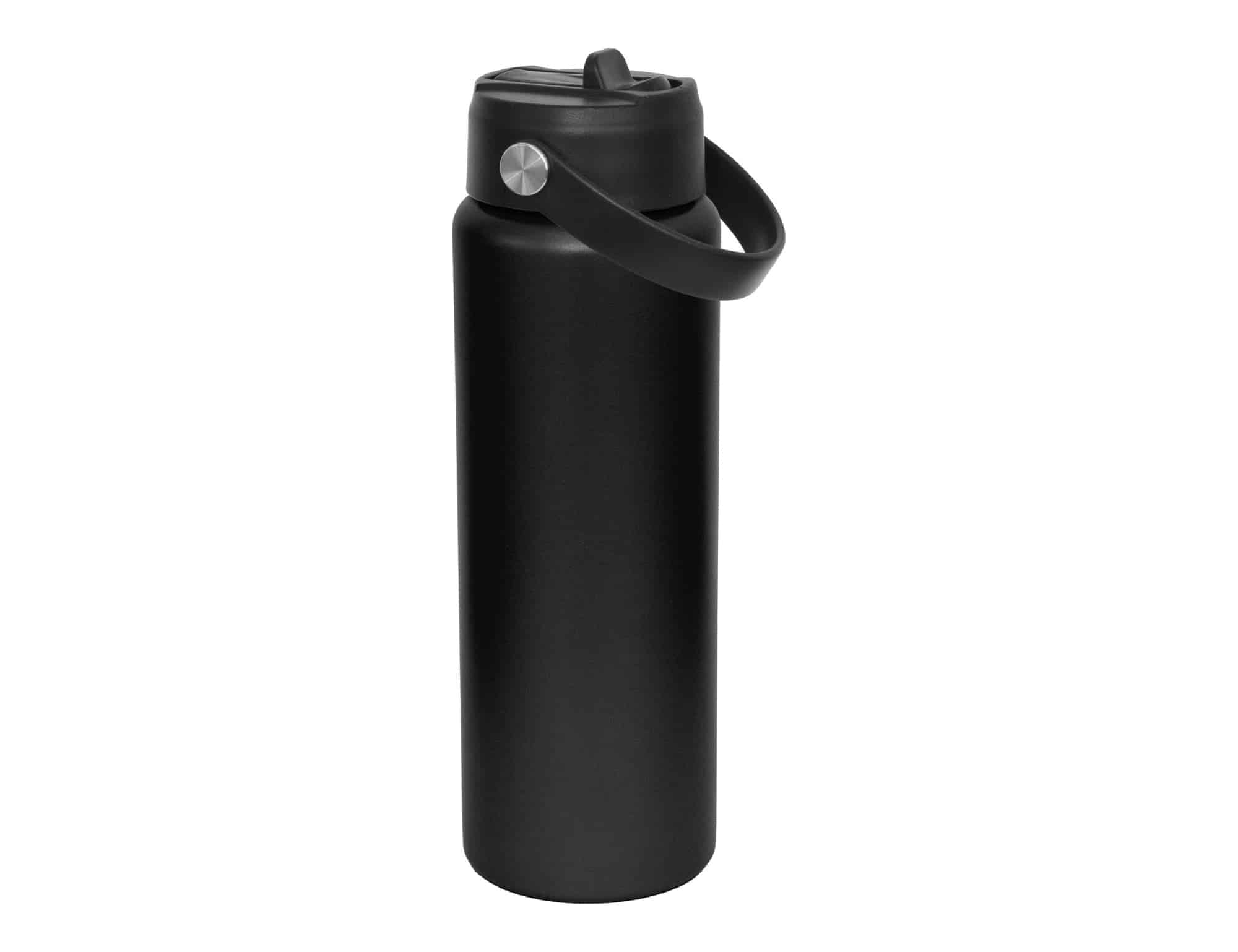A drink bottle with a sleek black design, featuring a spout and carry handle, along with a logo.